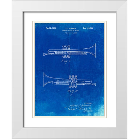 PP1140-Faded Blueprint York Trumpet 1939 Patent Poster White Modern Wood Framed Art Print with Double Matting by Borders, Cole