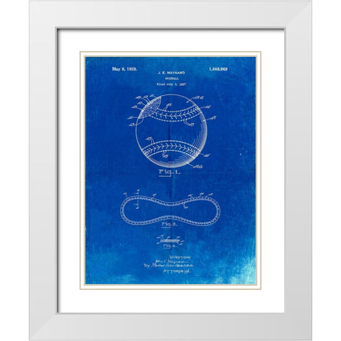 PP143- Faded Blueprint Baseball Stitching Patent White Modern Wood Framed Art Print with Double Matting by Borders, Cole