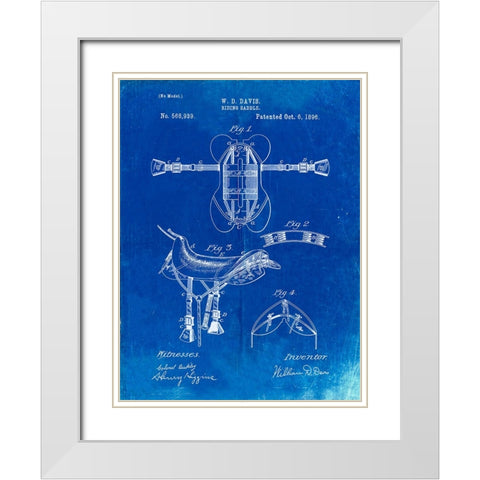 PP444-Faded Blueprint Horse Saddle Patent Poster White Modern Wood Framed Art Print with Double Matting by Borders, Cole