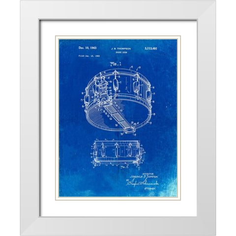PP1018-Faded Blueprint Rogers Snare Drum Patent Poster White Modern Wood Framed Art Print with Double Matting by Borders, Cole