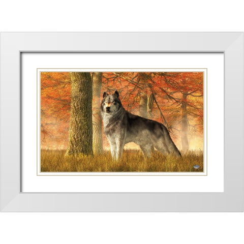A Wolf In Autumn White Modern Wood Framed Art Print with Double Matting by Eskridge, Daniel