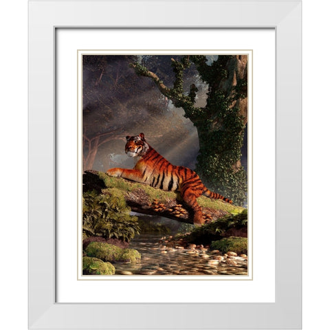 Tiger On A Log White Modern Wood Framed Art Print with Double Matting by Eskridge, Daniel