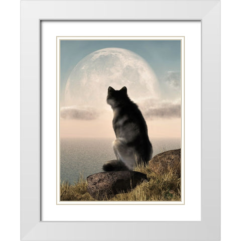 Wolf Watching The Moonrise White Modern Wood Framed Art Print with Double Matting by Eskridge, Daniel