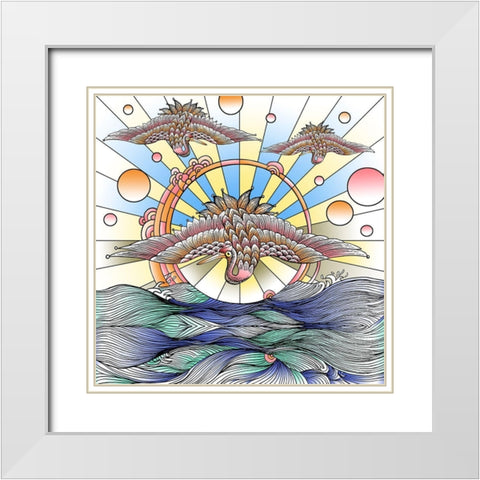 Flying Cranes White Modern Wood Framed Art Print with Double Matting by Green, Howie