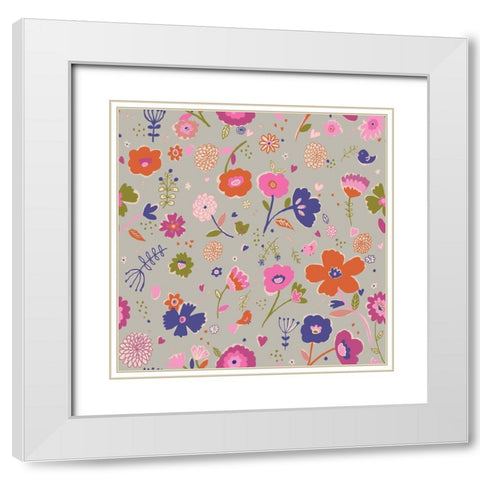 Pink And Blue Flowers White Modern Wood Framed Art Print with Double Matting by HUE and MI and Sangita
