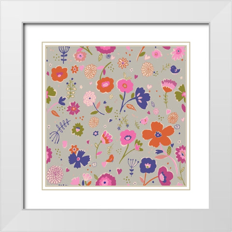 Pink And Blue Flowers White Modern Wood Framed Art Print with Double Matting by HUE and MI and Sangita