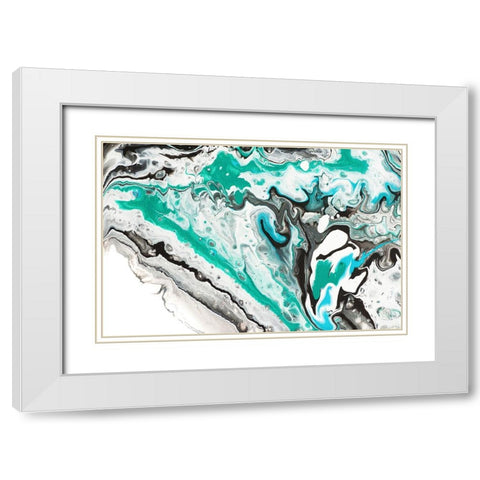Fluid Acrylic On Emerald Waves White Modern Wood Framed Art Print with Double Matting by Jenny Rainbow Fine Art