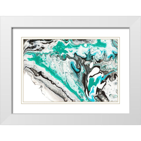 Fluid Acrylic On Emerald Waves White Modern Wood Framed Art Print with Double Matting by Jenny Rainbow Fine Art