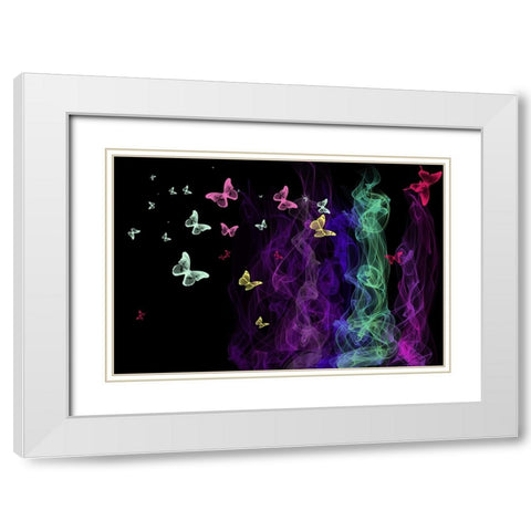 Neon Butterflies White Modern Wood Framed Art Print with Double Matting by Jenny Rainbow Fine Art