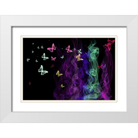 Neon Butterflies White Modern Wood Framed Art Print with Double Matting by Jenny Rainbow Fine Art