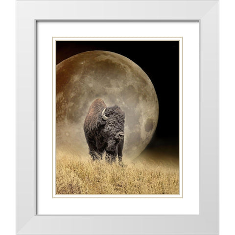 Buffalo Bison and Moon White Modern Wood Framed Art Print with Double Matting by Schell, Jennie Marie