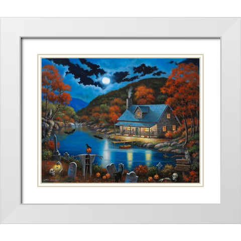 Cabin on Halloween Lake White Modern Wood Framed Art Print with Double Matting by Zaccheo, John