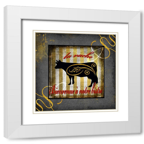 Gold Welcome To Our Bistro Cow 1 White Modern Wood Framed Art Print with Double Matting by LightBoxJournal