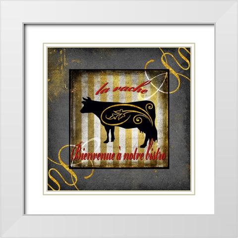 Gold Welcome To Our Bistro Cow 1 White Modern Wood Framed Art Print with Double Matting by LightBoxJournal