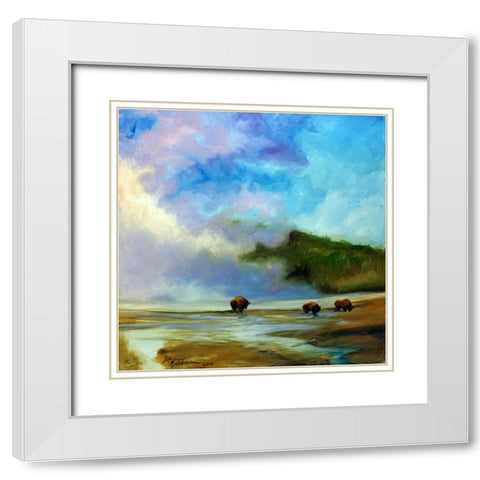 Yellowstone Buffalo Landscape White Modern Wood Framed Art Print with Double Matting by Baldwin, Marcia