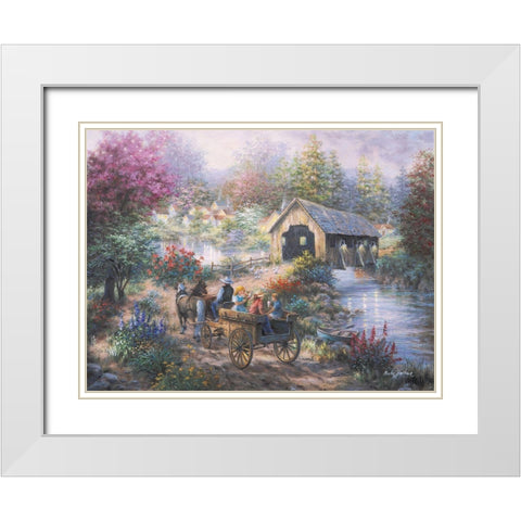 Merriment At Covered Bridge White Modern Wood Framed Art Print with Double Matting by Boehme, Nicky