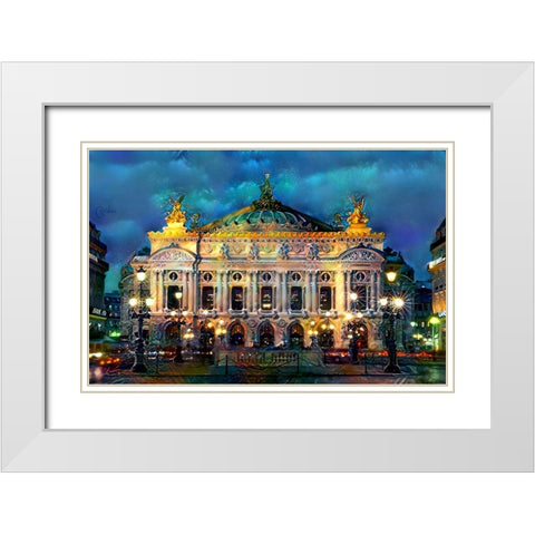 Paris France Opera Garnier Night White Modern Wood Framed Art Print with Double Matting by Gavidia, Pedro