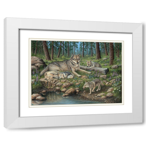 Grey Wolf Mother And Pups White Modern Wood Framed Art Print with Double Matting by Wavra, Robert
