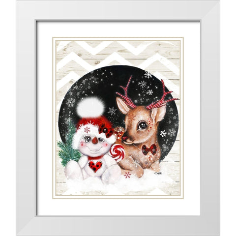 Rudolph and his Snowman Pal White Modern Wood Framed Art Print with Double Matting by Sheena Pike Art