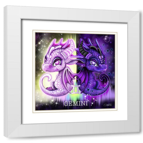 Zodiac Lil Dragonz Gemini White Modern Wood Framed Art Print with Double Matting by Sheena Pike Art