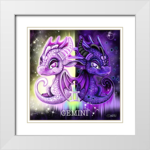 Zodiac Lil Dragonz Gemini White Modern Wood Framed Art Print with Double Matting by Sheena Pike Art