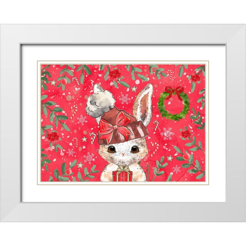 Red Rabbit Christmas White Modern Wood Framed Art Print with Double Matting by The Font Diva
