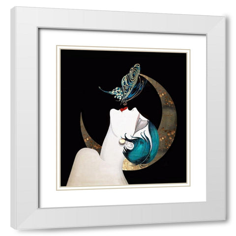 Butterfly Kiss Art Deco Woman White Modern Wood Framed Art Print with Double Matting by Lavoie, Tina