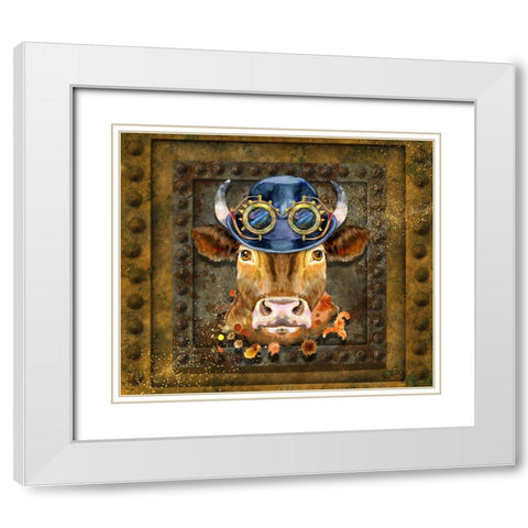 Steampunk Cow White Modern Wood Framed Art Print with Double Matting by Mitchell, Tina