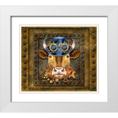 Steampunk Cow White Modern Wood Framed Art Print with Double Matting by Mitchell, Tina