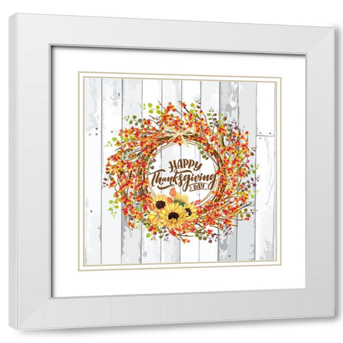 Happy Thanksgiving Bittersweet Wreath White Modern Wood Framed Art Print with Double Matting by Mitchell, Tina