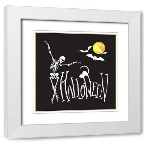 Halloween Ballet Skeleton Cat and Bats Black White Modern Wood Framed Art Print with Double Matting by Mitchell, Tina