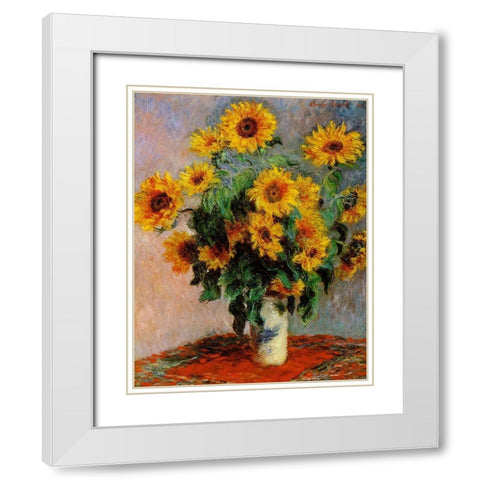 Monet-Bouquet of Sunflowers White Modern Wood Framed Art Print with Double Matting by Vintage Apple Collection