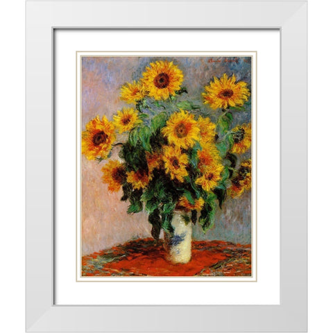 Monet-Bouquet of Sunflowers White Modern Wood Framed Art Print with Double Matting by Vintage Apple Collection