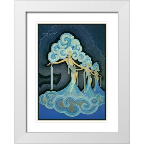 Folies Bergere Blue White Modern Wood Framed Art Print with Double Matting by Vintage Apple Collection