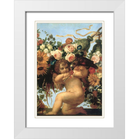 Cherub And Parrot White Modern Wood Framed Art Print with Double Matting by Vintage Apple Collection