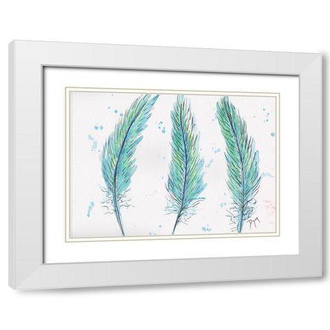 Aqua Feathers White Modern Wood Framed Art Print with Double Matting by Dyer, Beverly