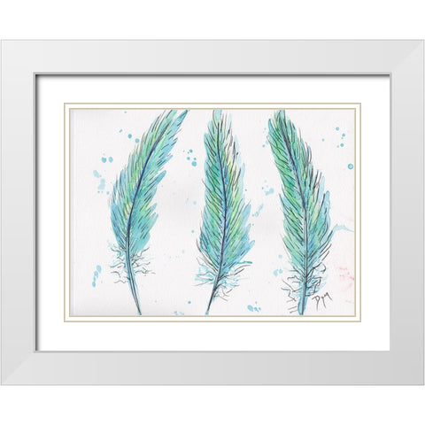 Aqua Feathers White Modern Wood Framed Art Print with Double Matting by Dyer, Beverly