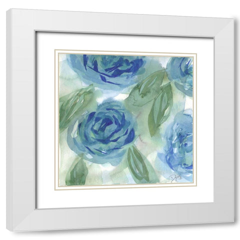 Blue Green Roses I White Modern Wood Framed Art Print with Double Matting by Dyer, Beverly