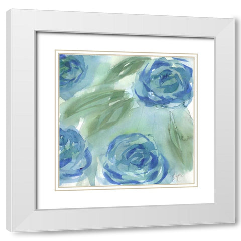 Blue Green Roses II White Modern Wood Framed Art Print with Double Matting by Dyer, Beverly
