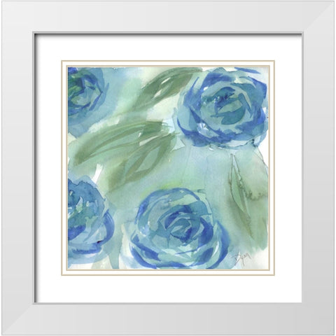 Blue Green Roses II White Modern Wood Framed Art Print with Double Matting by Dyer, Beverly