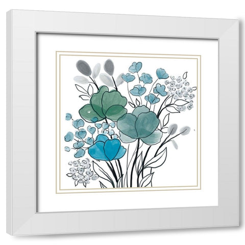 Teal Bouquet White Modern Wood Framed Art Print with Double Matting by Boho Hue Studio