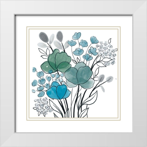 Teal Bouquet White Modern Wood Framed Art Print with Double Matting by Boho Hue Studio