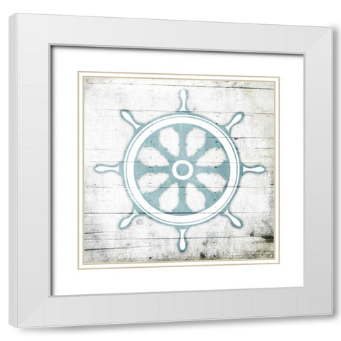 Teal Steering Wheel Toned Down White Modern Wood Framed Art Print with Double Matting by Grey, Jace