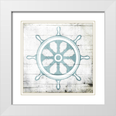 Teal Steering Wheel Toned Down White Modern Wood Framed Art Print with Double Matting by Grey, Jace