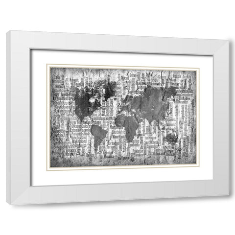 Map of the World Black and White White Modern Wood Framed Art Print with Double Matting by Allen, Kimberly