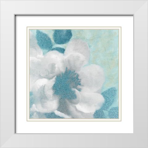 Teal Blooming 1 White Modern Wood Framed Art Print with Double Matting by Kimberly, Allen
