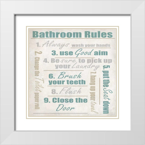 Bathroom Rules A White Modern Wood Framed Art Print with Double Matting by Allen, Kimberly