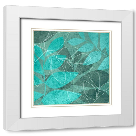 Teal Leaves I White Modern Wood Framed Art Print with Double Matting by Emery, Kristin