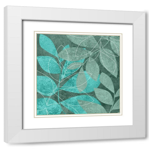 Teal Leaves II White Modern Wood Framed Art Print with Double Matting by Emery, Kristin