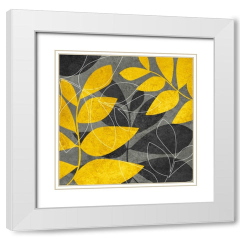 Gray and Gold Leaves I White Modern Wood Framed Art Print with Double Matting by Emery, Kristin